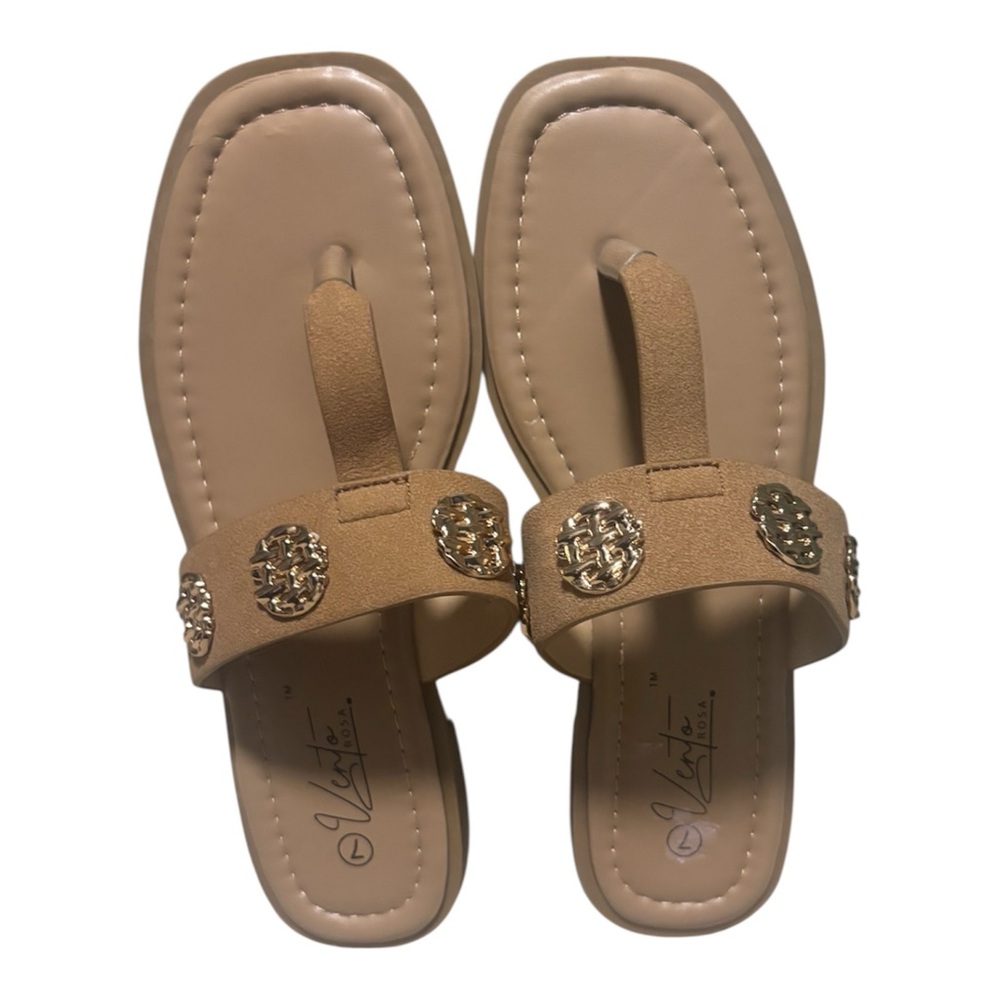 Women's Tan Thong Sandals with Gold Medallion Accents